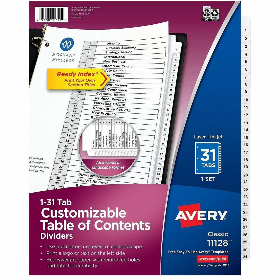 Image of Avery® Customizable TOC Ready Index Black and White Dividers, 31-Tab, 1 to 31, 11 x 8.5, 1 Set