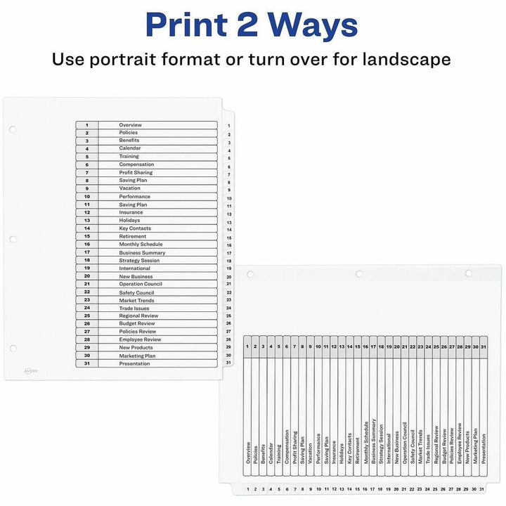 Image of Avery® Customizable TOC Ready Index Black and White Dividers, 31-Tab, 1 to 31, 11 x 8.5, 1 Set