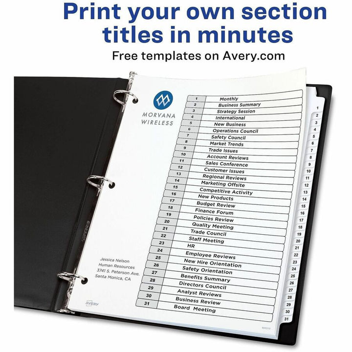 Image of Avery® Customizable TOC Ready Index Black and White Dividers, 31-Tab, 1 to 31, 11 x 8.5, 1 Set