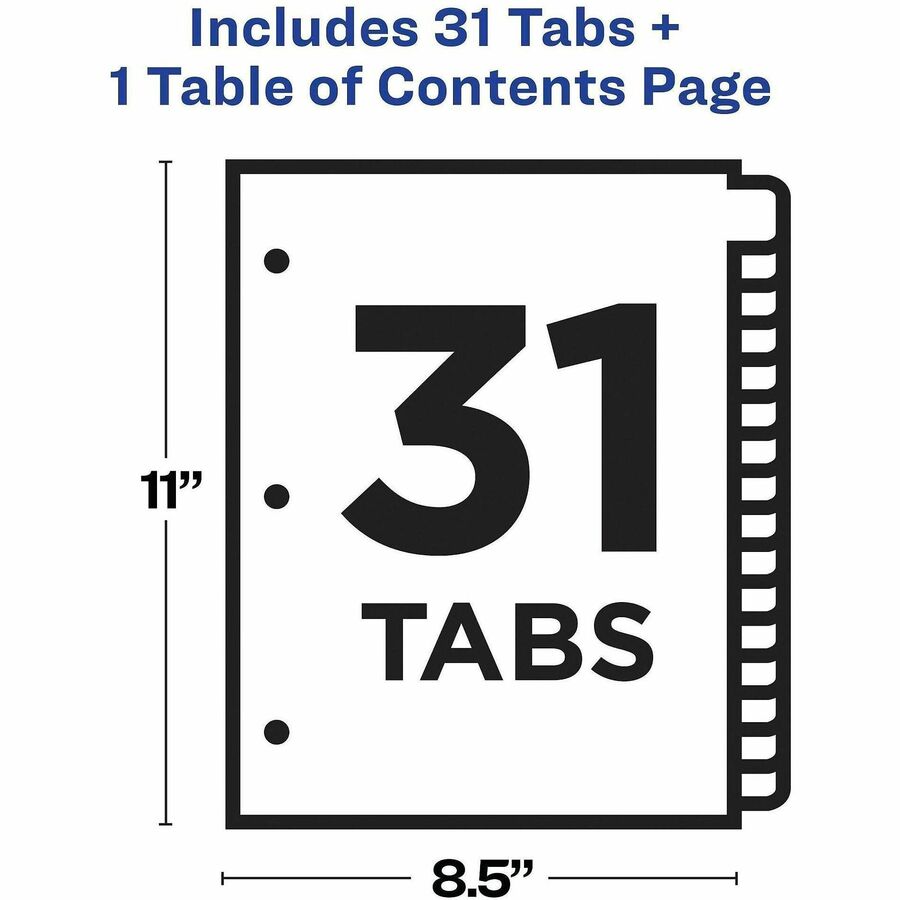 Image of Avery® Customizable TOC Ready Index Black and White Dividers, 31-Tab, 1 to 31, 11 x 8.5, 1 Set