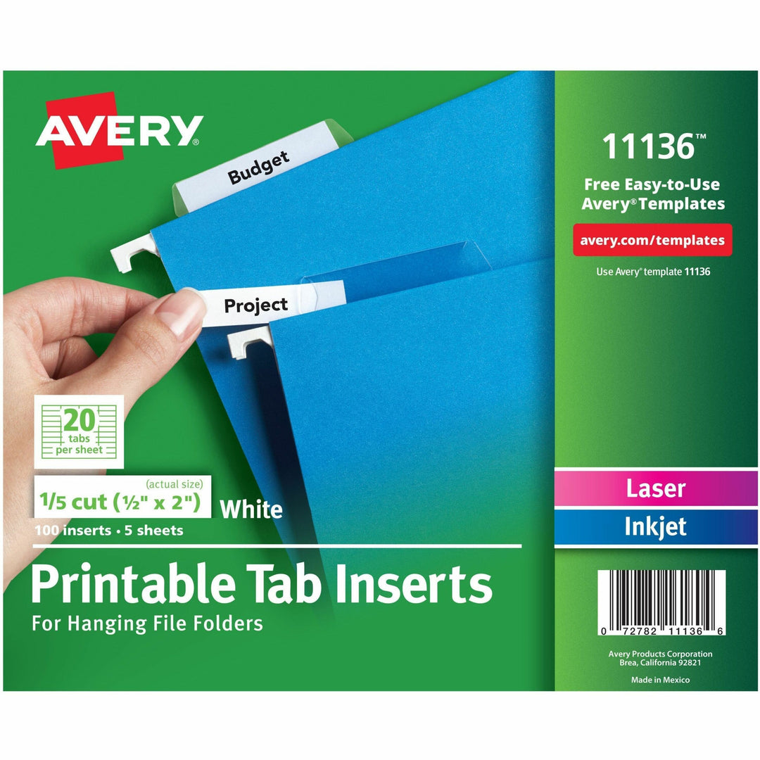 Image of Avery® Tabs Inserts For Hanging File Folders, 1/5-Cut, White, 2" Wide, 100/Pack