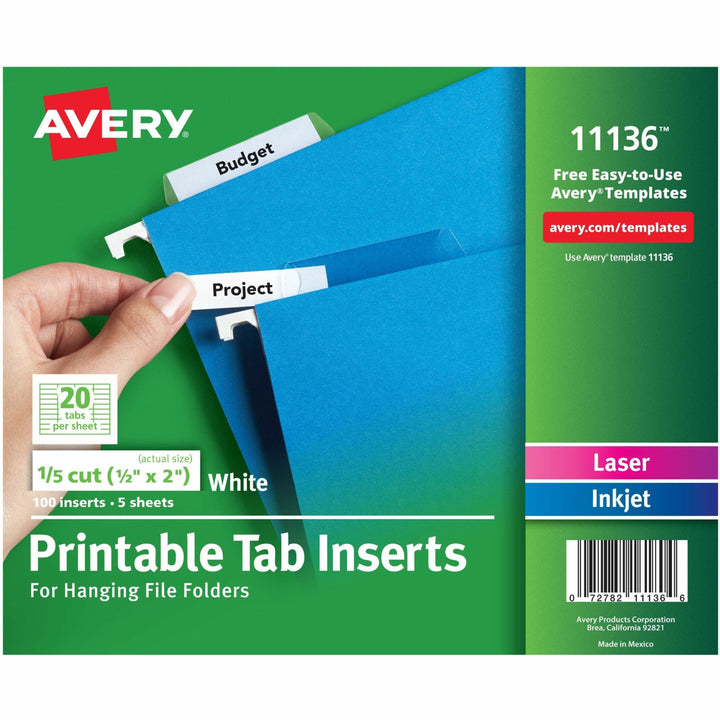Image of Avery® Tabs Inserts For Hanging File Folders, 1/5-Cut, White, 2" Wide, 100/Pack