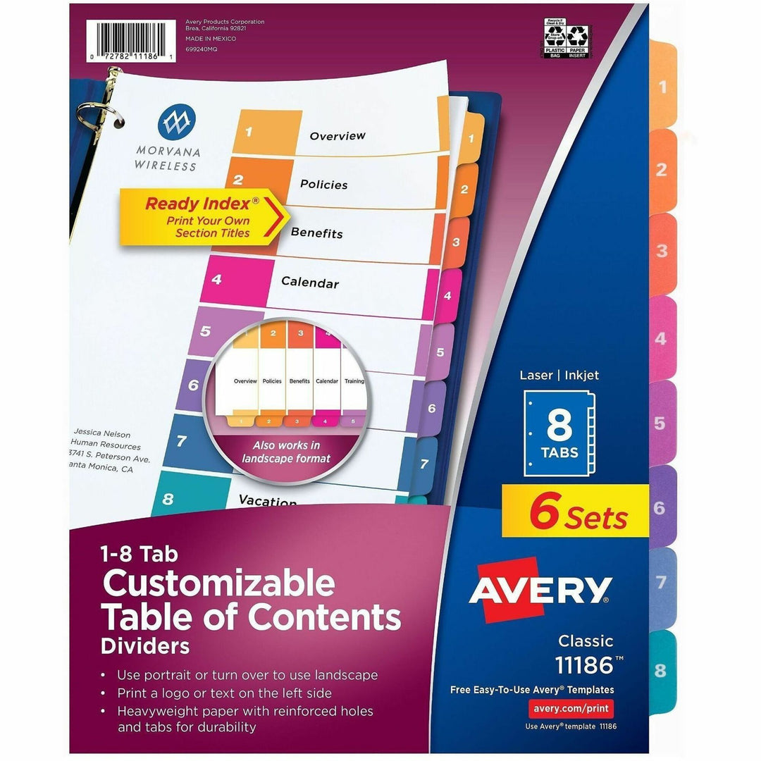 Image of Avery® Customizable TOC Ready Index Multicolor Tab Dividers, 8-Tab, 1 to 8, 11 x 8.5, White, Traditional Color Tabs, 6 Sets