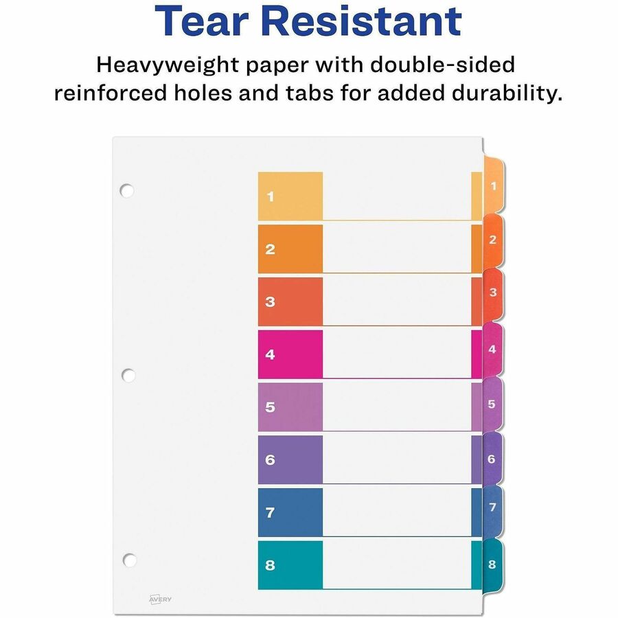 Image of Avery® Customizable TOC Ready Index Multicolor Tab Dividers, 8-Tab, 1 to 8, 11 x 8.5, White, Traditional Color Tabs, 6 Sets