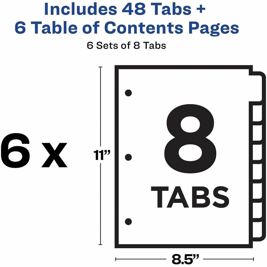 Image of Avery® Customizable TOC Ready Index Multicolor Tab Dividers, 8-Tab, 1 to 8, 11 x 8.5, White, Traditional Color Tabs, 6 Sets