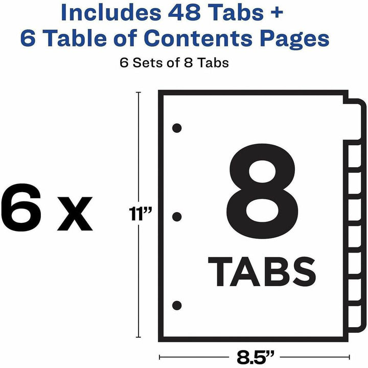 Image of Avery® Customizable TOC Ready Index Multicolor Tab Dividers, 8-Tab, 1 to 8, 11 x 8.5, White, Traditional Color Tabs, 6 Sets
