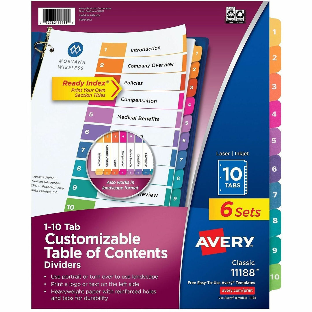 Image of Avery® Customizable TOC Ready Index Multicolor Tab Dividers, 10-Tab, 1 to 10, 11 x 8.5, White, Traditional Color Tabs, 6 Sets