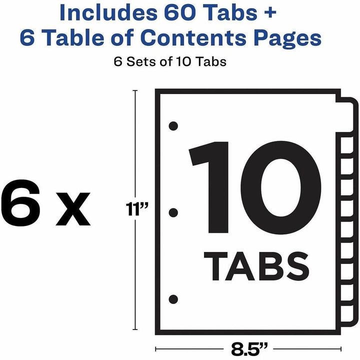 Image of Avery® Customizable TOC Ready Index Multicolor Tab Dividers, 10-Tab, 1 to 10, 11 x 8.5, White, Traditional Color Tabs, 6 Sets