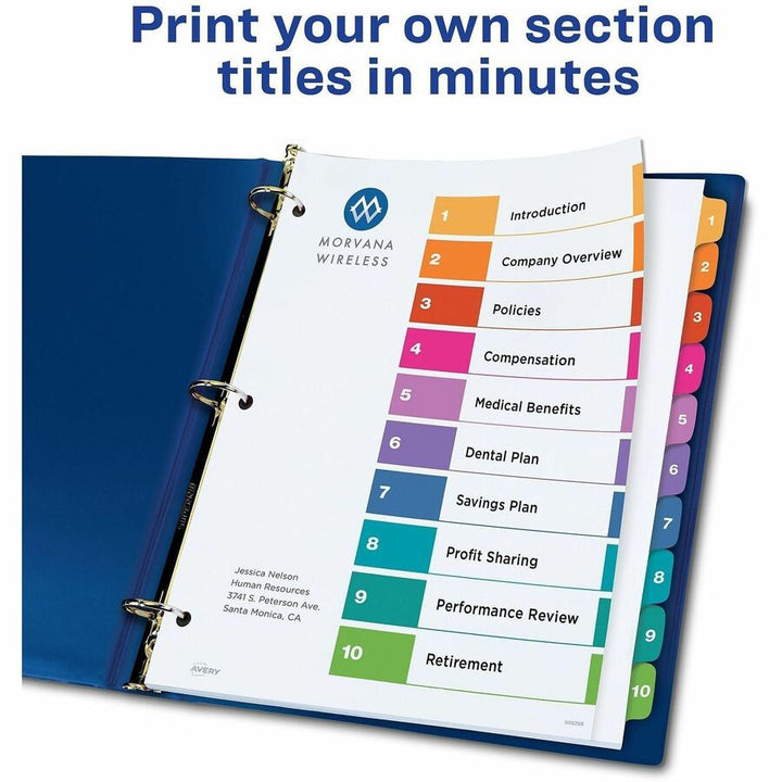 Image of Avery® Customizable TOC Ready Index Multicolor Tab Dividers, 10-Tab, 1 to 10, 11 x 8.5, White, Traditional Color Tabs, 6 Sets