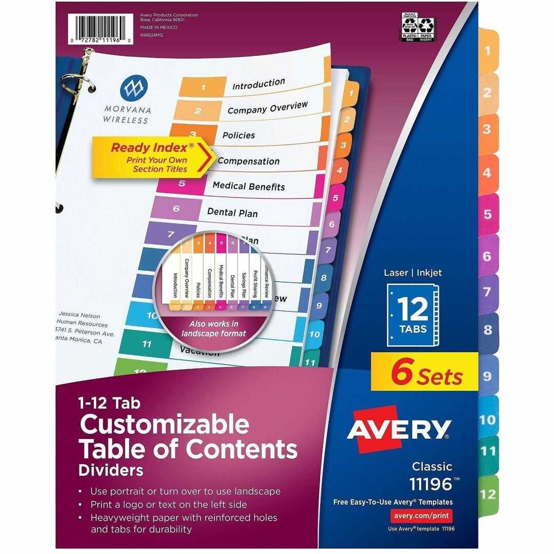 Image of Avery® Customizable TOC Ready Index Multicolor Tab Dividers, 12-Tab, 1 to 12, 11 x 8.5, White, Traditional Color Tabs, 6 Sets