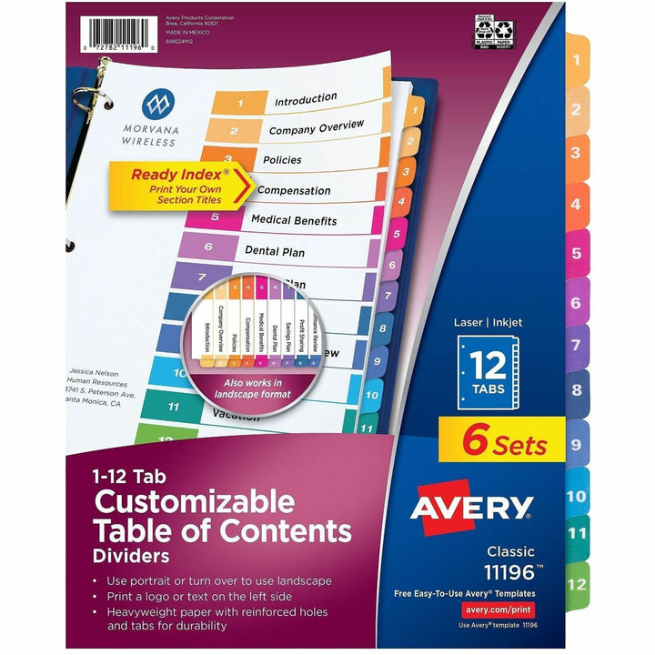 Image of Avery® Customizable TOC Ready Index Multicolor Tab Dividers, 12-Tab, 1 to 12, 11 x 8.5, White, Traditional Color Tabs, 6 Sets