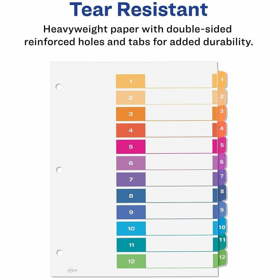 Image of Avery® Customizable TOC Ready Index Multicolor Tab Dividers, 12-Tab, 1 to 12, 11 x 8.5, White, Traditional Color Tabs, 6 Sets