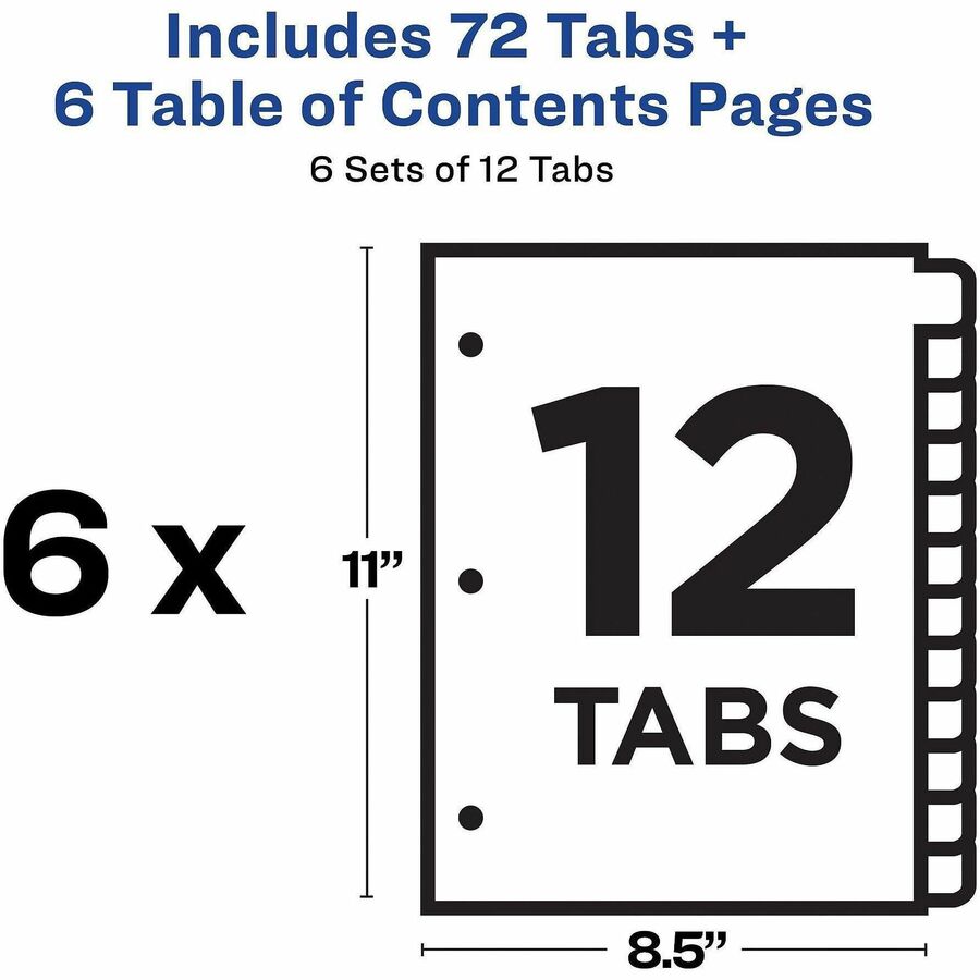 Image of Avery® Customizable TOC Ready Index Multicolor Tab Dividers, 12-Tab, 1 to 12, 11 x 8.5, White, Traditional Color Tabs, 6 Sets