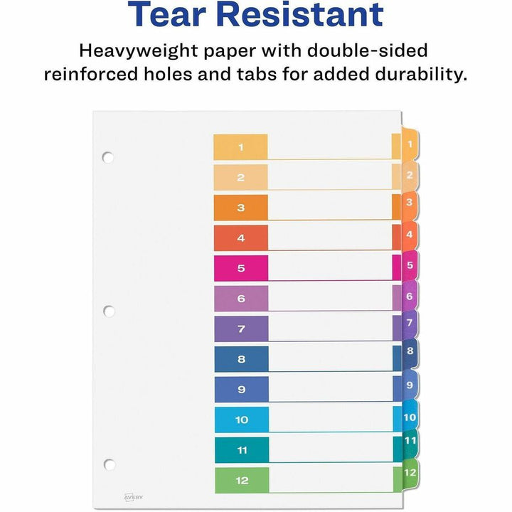 Image of Avery® Customizable TOC Ready Index Multicolor Tab Dividers, 12-Tab, 1 to 12, 11 x 8.5, White, Traditional Color Tabs, 6 Sets