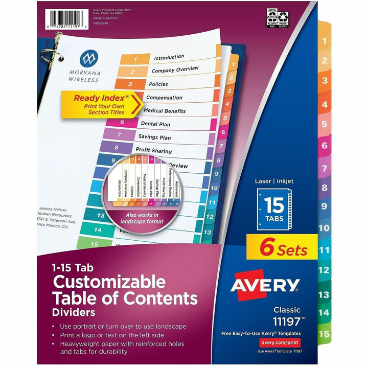 Image of Avery® Customizable TOC Ready Index Multicolor Tab Dividers, 15-Tab, 1 to 15, 11 x 8.5, White, Traditional Color Tabs, 6 Sets