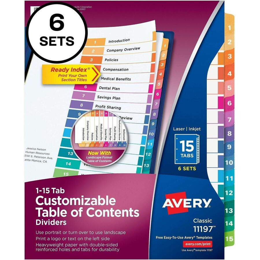 Image of Avery® Customizable TOC Ready Index Multicolor Tab Dividers, 15-Tab, 1 to 15, 11 x 8.5, White, Traditional Color Tabs, 6 Sets