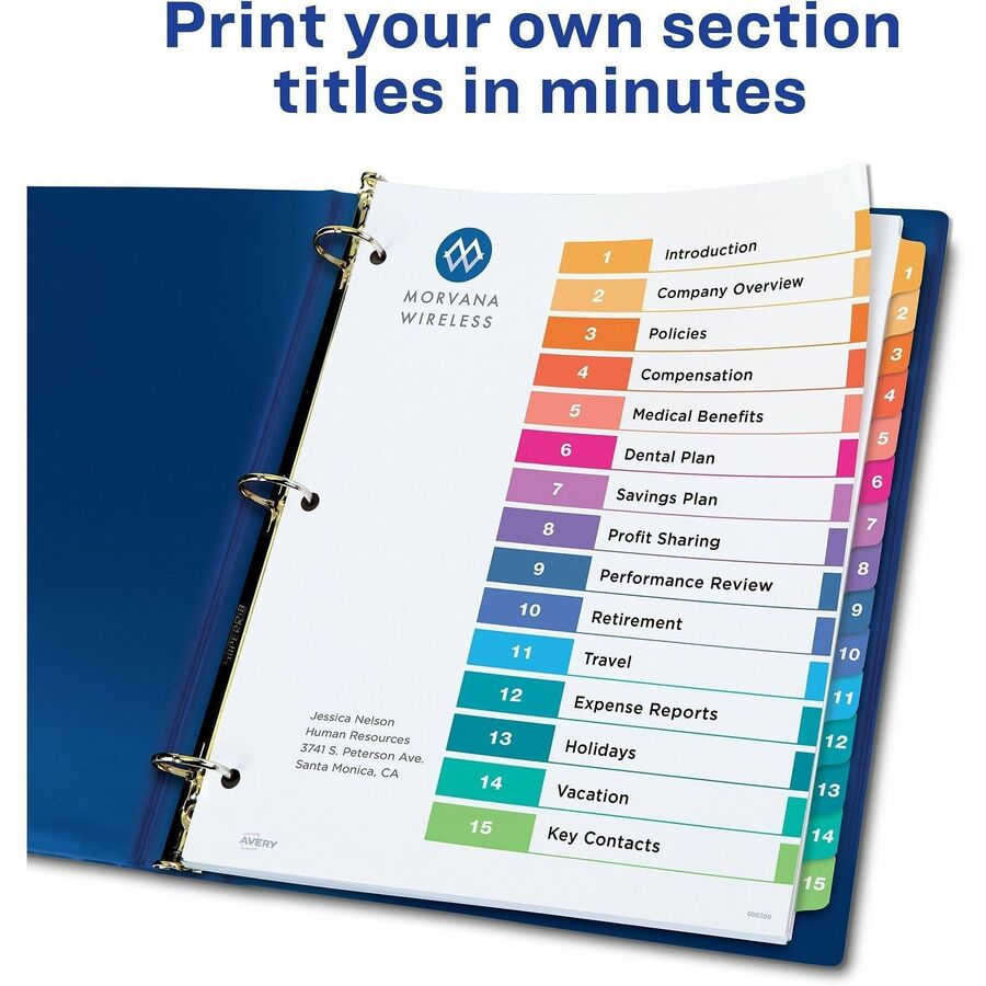 Image of Avery® Customizable TOC Ready Index Multicolor Tab Dividers, 15-Tab, 1 to 15, 11 x 8.5, White, Traditional Color Tabs, 6 Sets