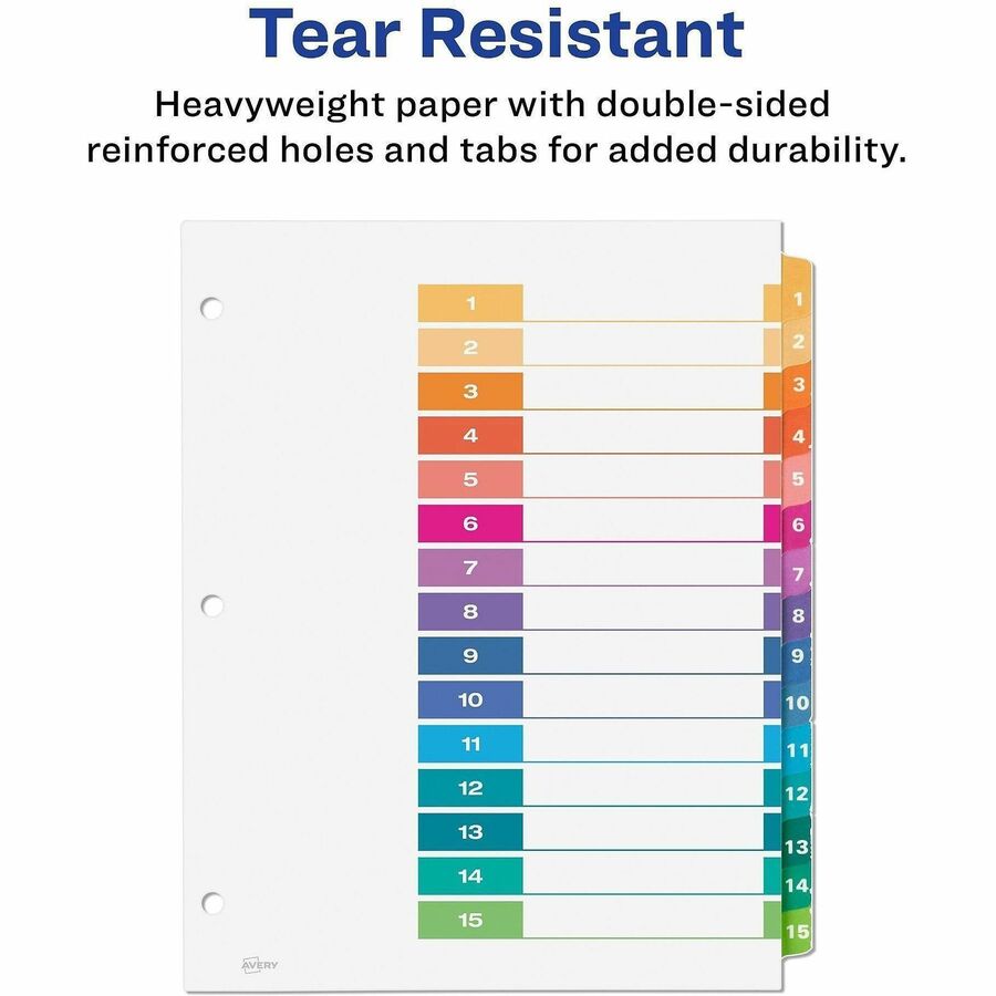 Image of Avery® Customizable TOC Ready Index Multicolor Tab Dividers, 15-Tab, 1 to 15, 11 x 8.5, White, Traditional Color Tabs, 6 Sets