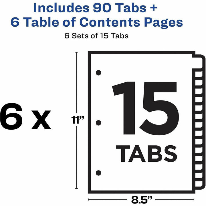 Image of Avery® Customizable TOC Ready Index Multicolor Tab Dividers, 15-Tab, 1 to 15, 11 x 8.5, White, Traditional Color Tabs, 6 Sets