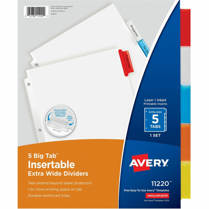 Image of Avery® Insertable Big Tab Dividers, 5-Tab, Single-Sided Copper Edge Reinforcing, 11.13 x 9.25, White, Assorted Tabs, 1 Set