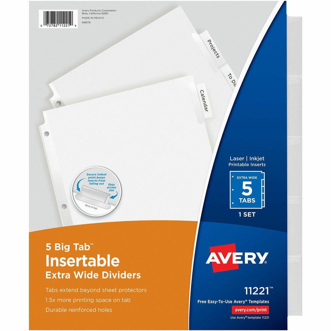 Image of Avery® Insertable Big Tab Dividers, 5-Tab, Single-Sided Copper Edge Reinforcing, 11.13 x 9.25, White, Clear Tabs, 1 Set