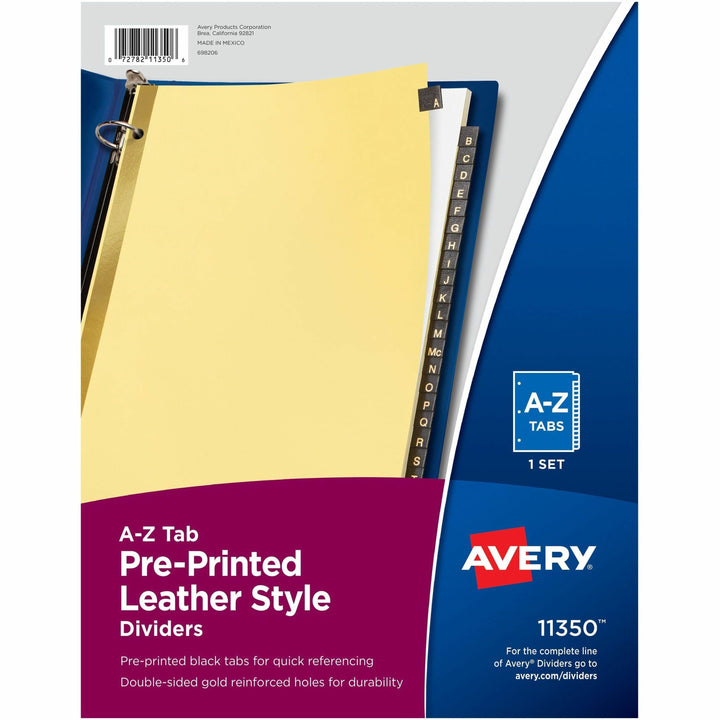 Image of Avery® Preprinted Black Leather Tab Dividers w/Gold Reinforced Edge, 25-Tab, A to Z, 11 x 8.5, Buff, 1 Set