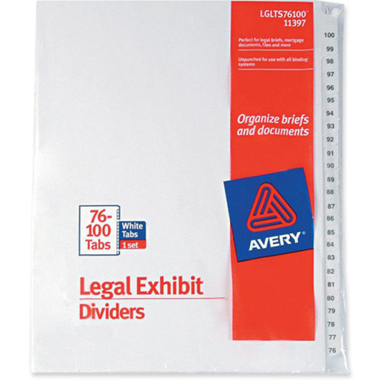 Image of Avery® Preprinted Legal Exhibit Side Tab Index Dividers, Avery Style, 26-Tab, 76 To 100, 11 X 8.5, White, 1 Set