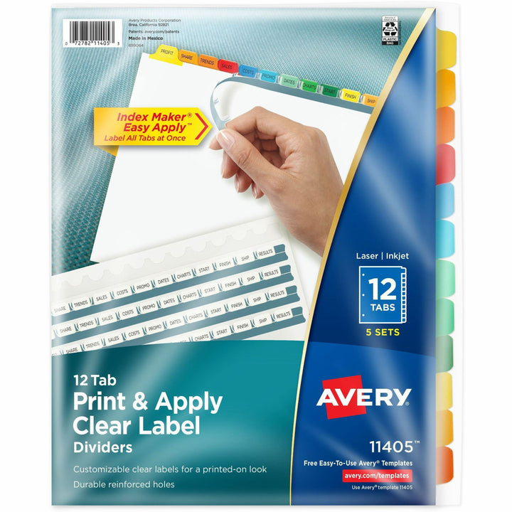 Image of Avery® Print and Apply Index Maker Clear Label Dividers, 12-Tab, Color Tabs, 11 x 8.5, White, 5 Sets