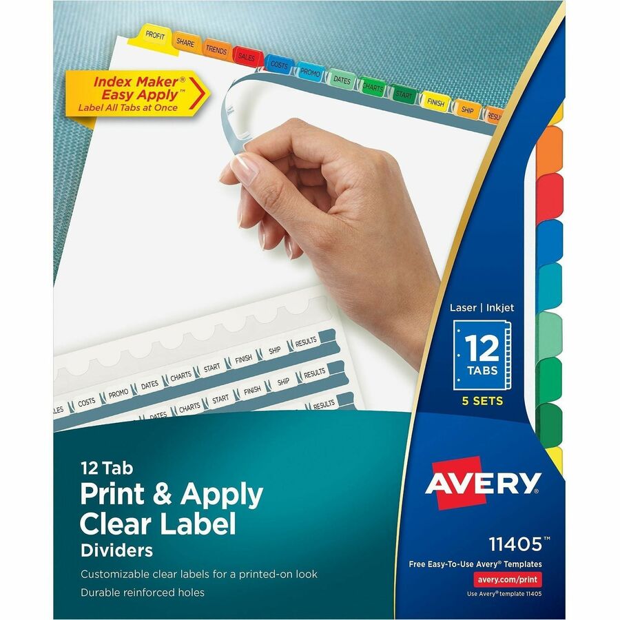 Image of Avery® Print and Apply Index Maker Clear Label Dividers, 12-Tab, Color Tabs, 11 x 8.5, White, 5 Sets