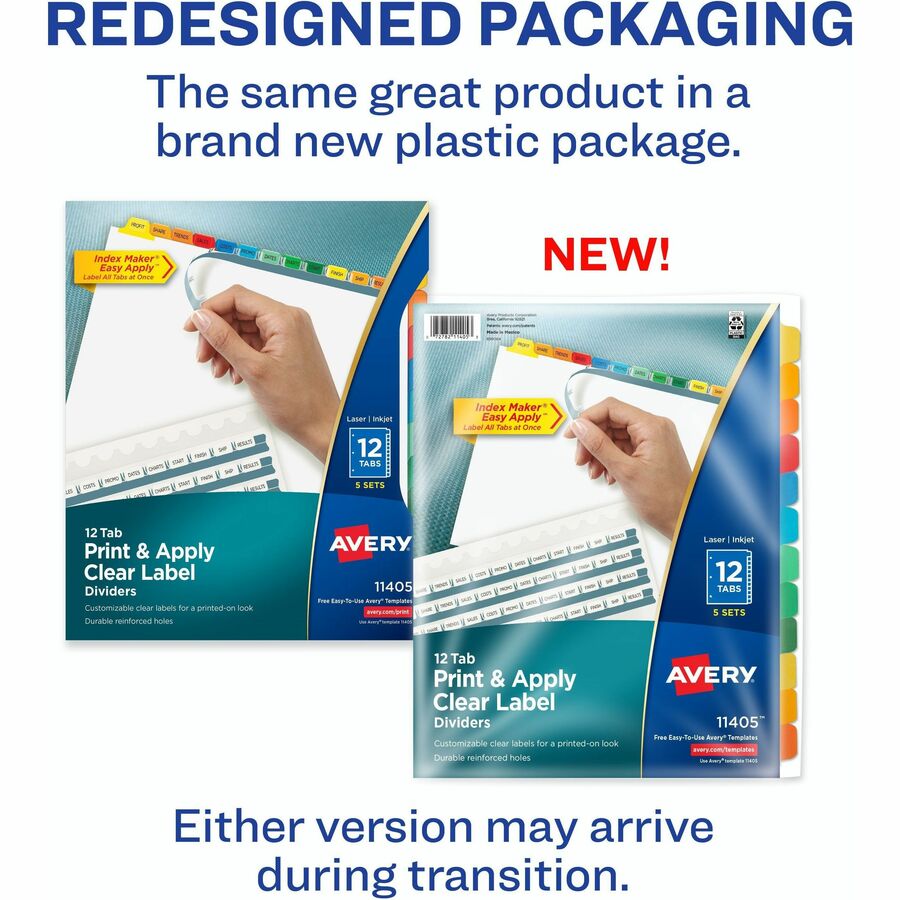 Image of Avery® Print and Apply Index Maker Clear Label Dividers, 12-Tab, Color Tabs, 11 x 8.5, White, 5 Sets
