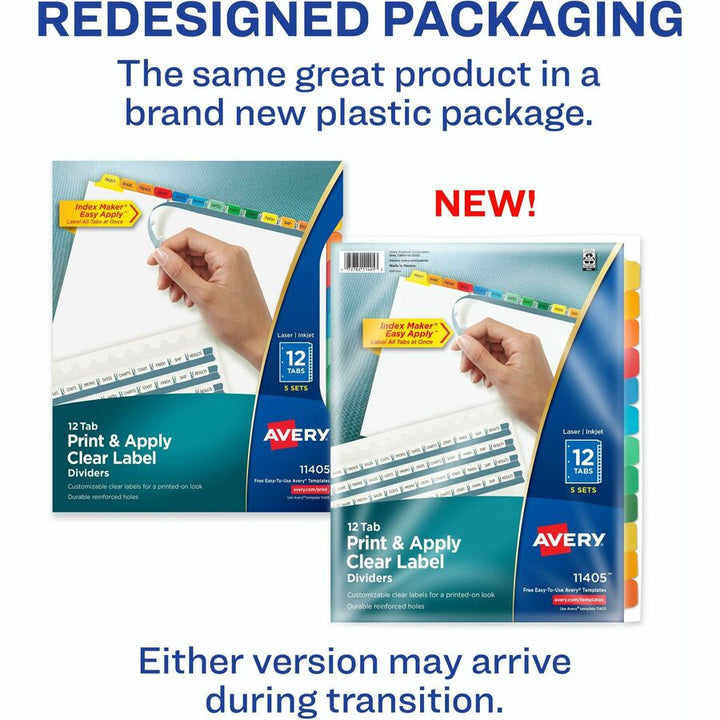 Image of Avery® Print and Apply Index Maker Clear Label Dividers, 12-Tab, Color Tabs, 11 x 8.5, White, 5 Sets