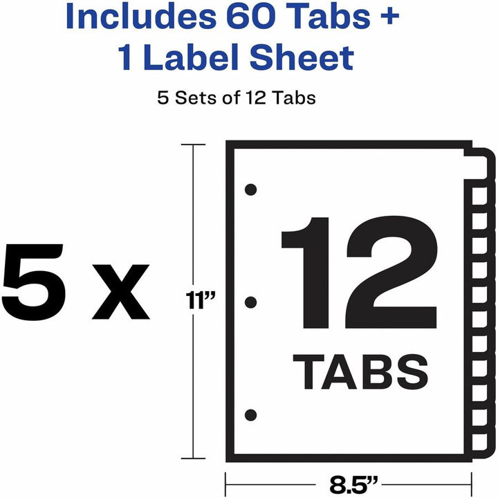 Image of Avery® Print and Apply Index Maker Clear Label Dividers, 12-Tab, Color Tabs, 11 x 8.5, White, 5 Sets
