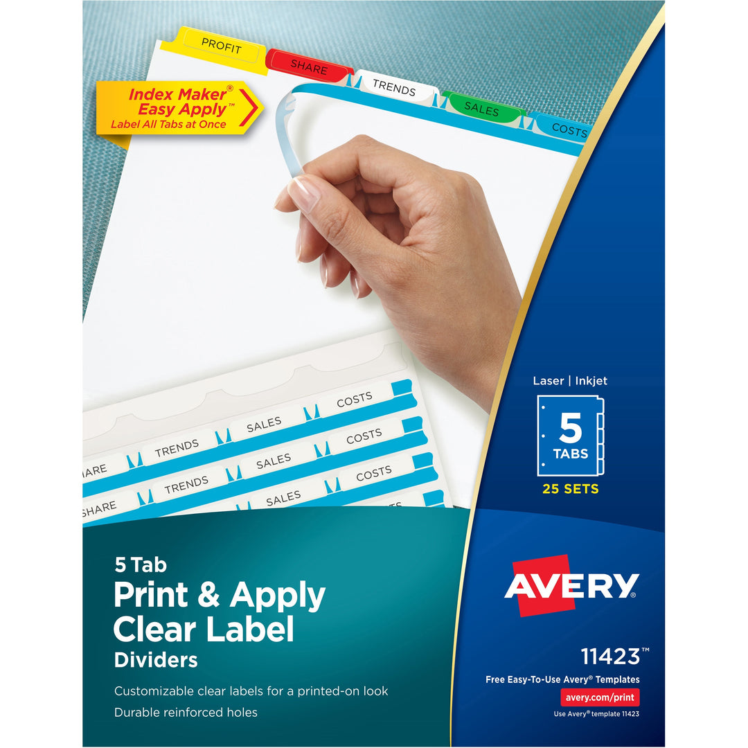 Image of Avery® Print and Apply Index Maker Clear Label Dividers, 5-Tab, Color Tabs, 11 x 8.5, White, Traditional Color Tabs, 25 Sets