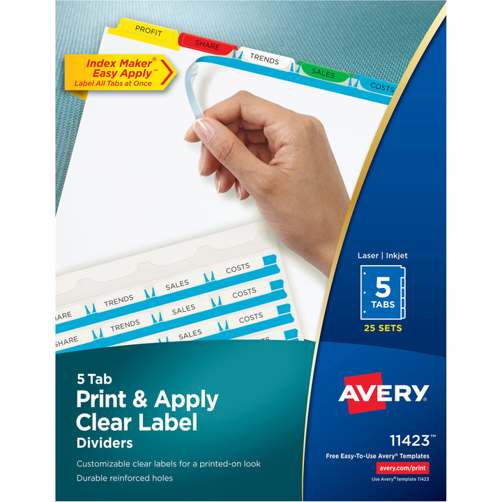 Image of Avery® Print and Apply Index Maker Clear Label Dividers, 5-Tab, Color Tabs, 11 x 8.5, White, Traditional Color Tabs, 25 Sets