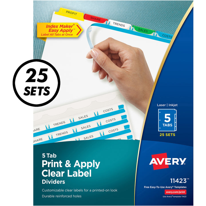 Image of Avery® Print and Apply Index Maker Clear Label Dividers, 5-Tab, Color Tabs, 11 x 8.5, White, Traditional Color Tabs, 25 Sets