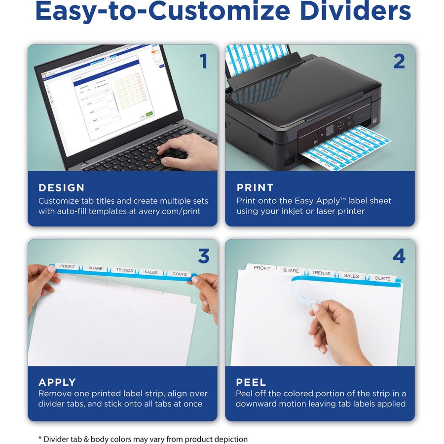 Image of Avery® Print and Apply Index Maker Clear Label Dividers, 5-Tab, Color Tabs, 11 x 8.5, White, Traditional Color Tabs, 25 Sets