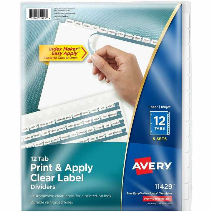 Image of Avery® Print and Apply Index Maker Clear Label Dividers, 12-Tab, White Tabs, 11 x 8.5, White, 5 Sets