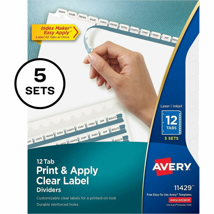 Image of Avery® Print and Apply Index Maker Clear Label Dividers, 12-Tab, White Tabs, 11 x 8.5, White, 5 Sets