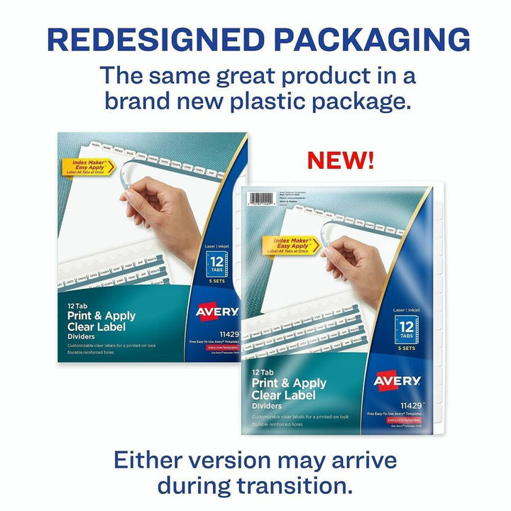 Image of Avery® Print and Apply Index Maker Clear Label Dividers, 12-Tab, White Tabs, 11 x 8.5, White, 5 Sets