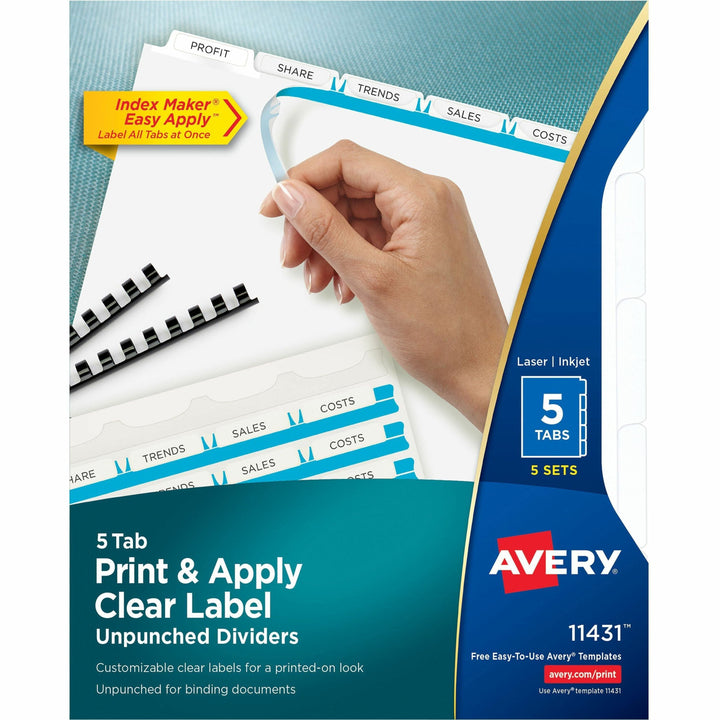 Image of Avery® Print and Apply Index Maker Clear Label Unpunched Dividers, 5-Tab, 11 x 8.5, White, 5 Sets