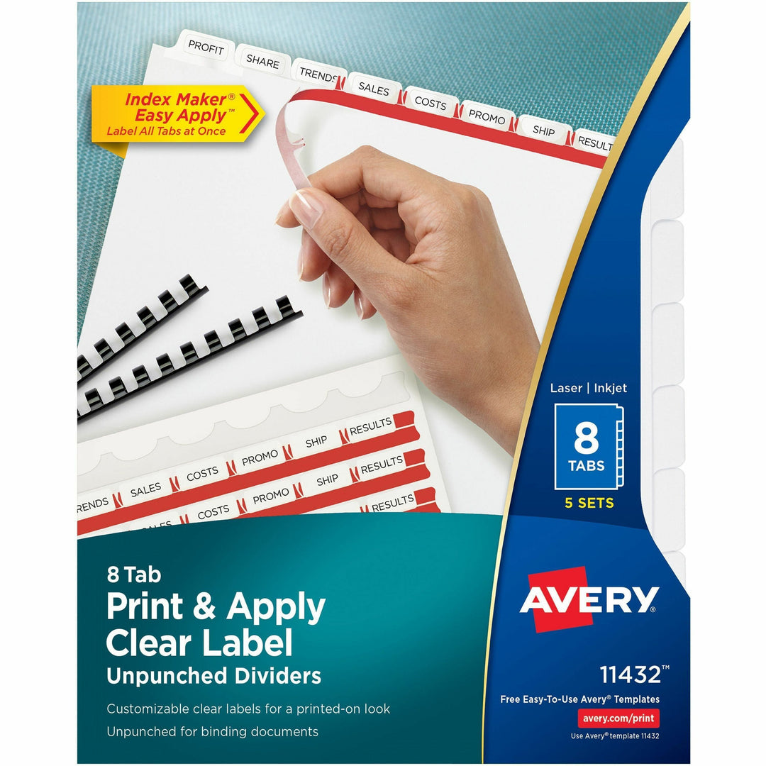 Image of Avery® Print and Apply Index Maker Clear Label Unpunched Dividers, 8-Tab, 11 x 8.5, White, 5 Sets