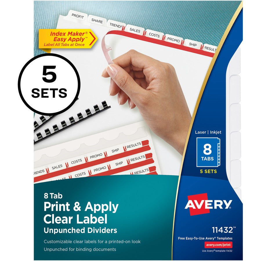 Image of Avery® Print and Apply Index Maker Clear Label Unpunched Dividers, 8-Tab, 11 x 8.5, White, 5 Sets