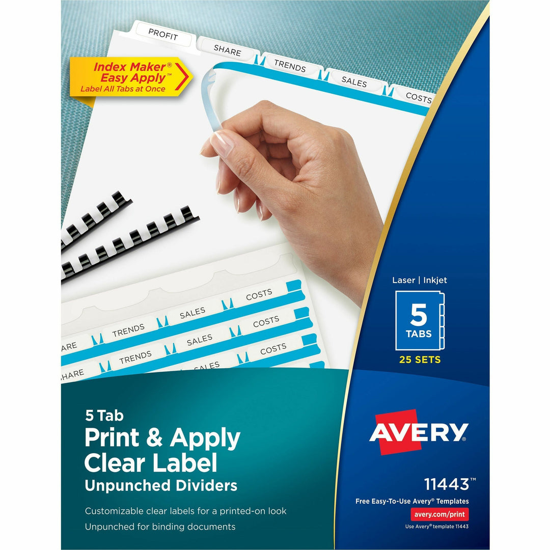 Image of Avery® Print and Apply Index Maker Clear Label Unpunched Dividers, 5-Tab, 11 x 8.5, White, 25 Sets