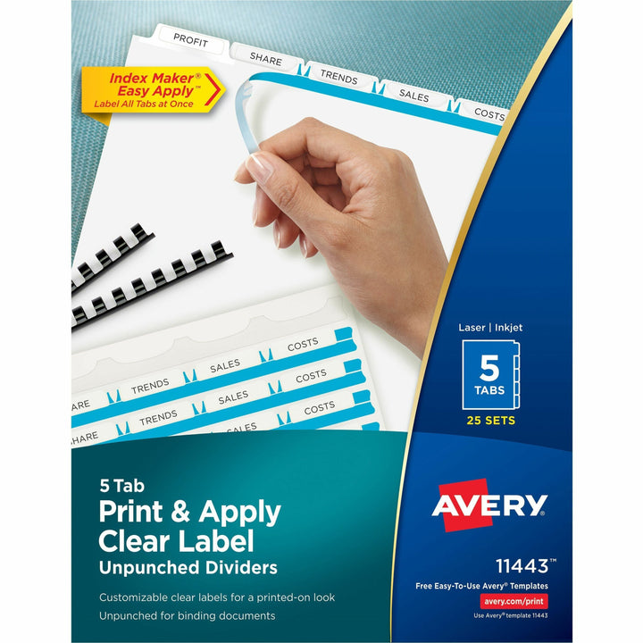 Image of Avery® Print and Apply Index Maker Clear Label Unpunched Dividers, 5-Tab, 11 x 8.5, White, 25 Sets