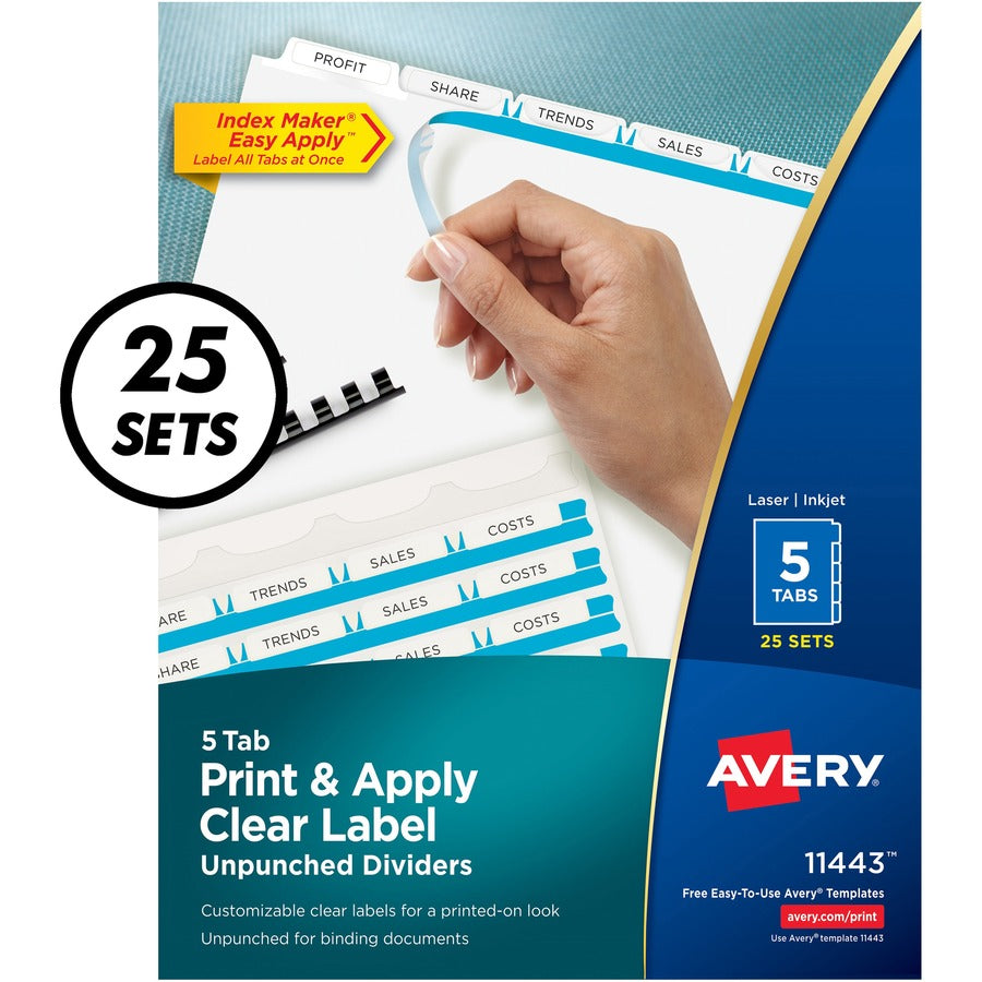 Image of Avery® Print and Apply Index Maker Clear Label Unpunched Dividers, 5-Tab, 11 x 8.5, White, 25 Sets