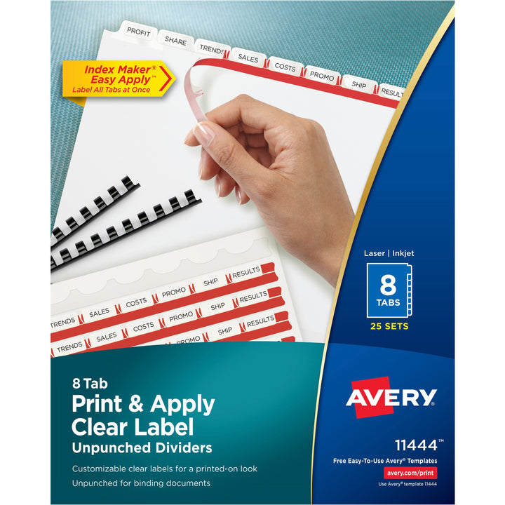 Image of Avery® Print and Apply Index Maker Clear Label Unpunched Dividers, 8-Tab, 11 x 8.5, White, White Tabs, 25 Sets