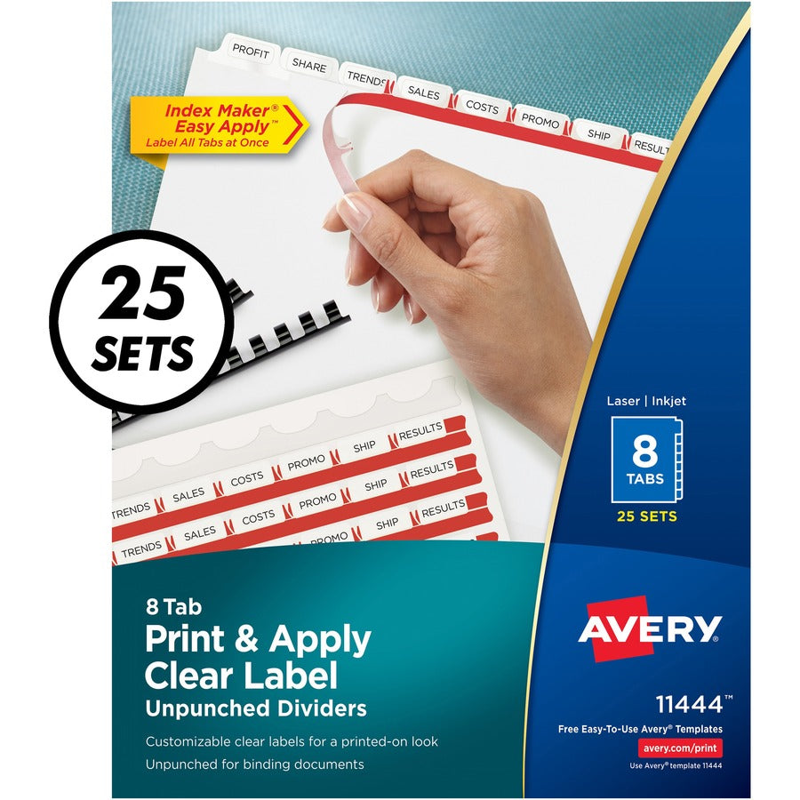 Image of Avery® Print and Apply Index Maker Clear Label Unpunched Dividers, 8-Tab, 11 x 8.5, White, White Tabs, 25 Sets