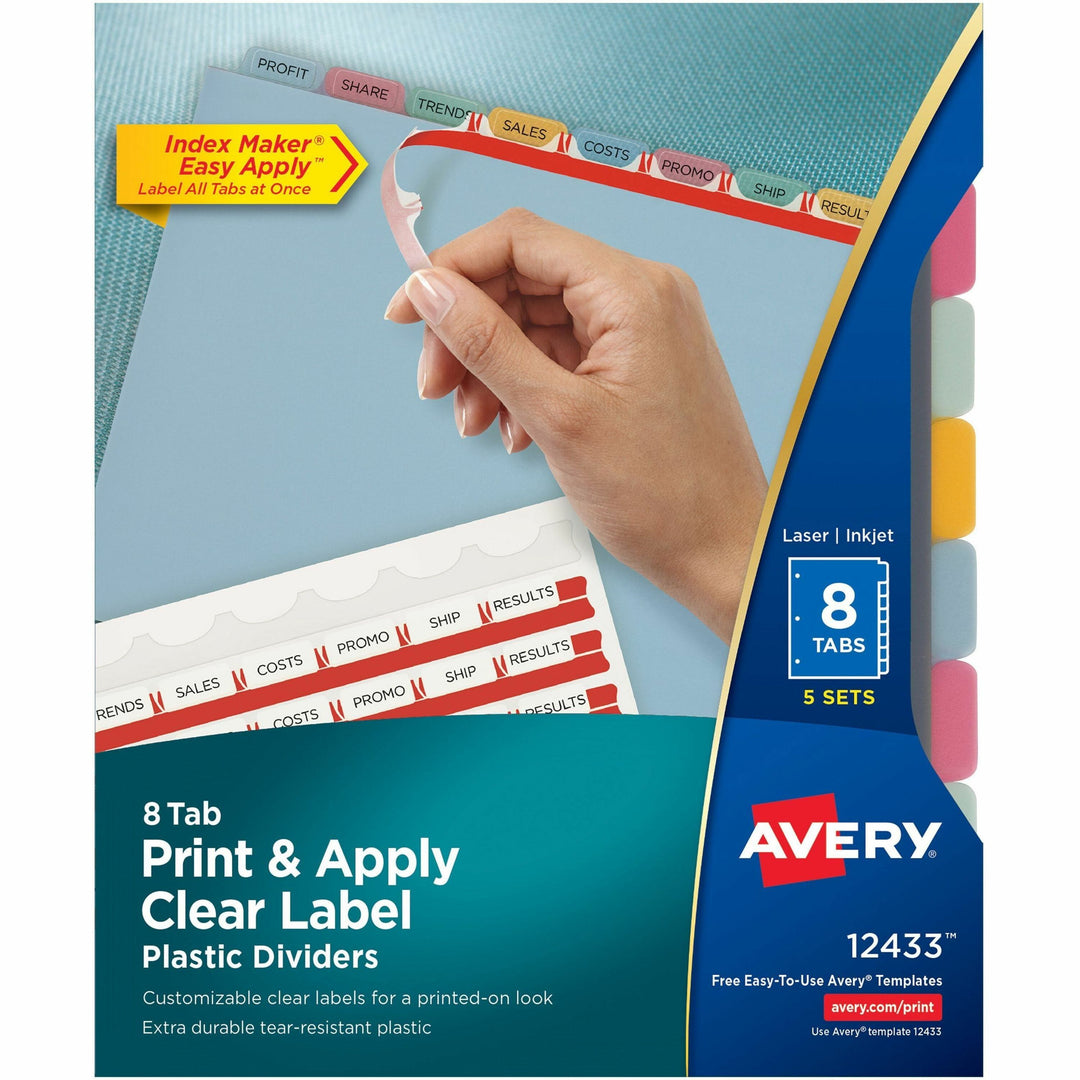 Image of Avery® Print and Apply Index Maker Clear Label Plastic Dividers with Printable Label Strip, 8-Tab, 11 x 8.5, Assorted Tabs, 5 Sets