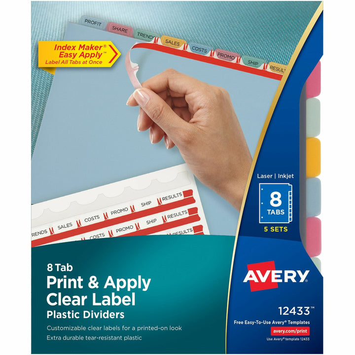 Image of Avery® Print and Apply Index Maker Clear Label Plastic Dividers with Printable Label Strip, 8-Tab, 11 x 8.5, Assorted Tabs, 5 Sets