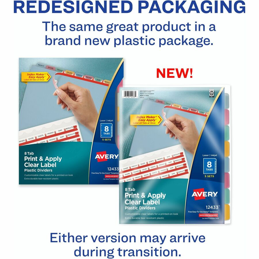 Image of Avery® Print and Apply Index Maker Clear Label Plastic Dividers with Printable Label Strip, 8-Tab, 11 x 8.5, Assorted Tabs, 5 Sets